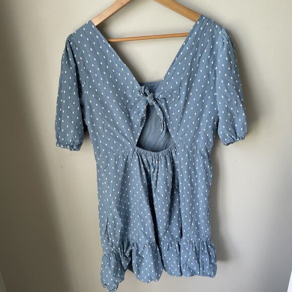 Ann Taylor LOFT Swiss Clip Dot Tie Back Flounce Swing Mini Dress Chambray Sz 12 - Picture 7 of 11